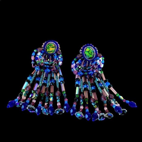 Vtg iridescent abalone glass beaded chandelier artist made clip earrings